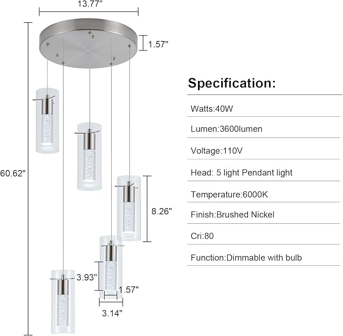 Modern Pendant Lights 5-Light Kitchen Light 40W CRI 80+ 3400lm with Brushed Nickel Finish Adjustable Kitchen Hanging Ceiling Light Fixtures for Kitchen Island Dining Room Hallway…