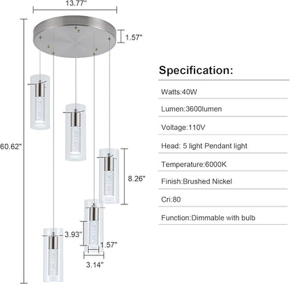 Modern Pendant Lights 5-Light Kitchen Light 40W CRI 80+ 3400lm with Brushed Nickel Finish Adjustable Kitchen Hanging Ceiling Light Fixtures for Kitchen Island Dining Room Hallway…