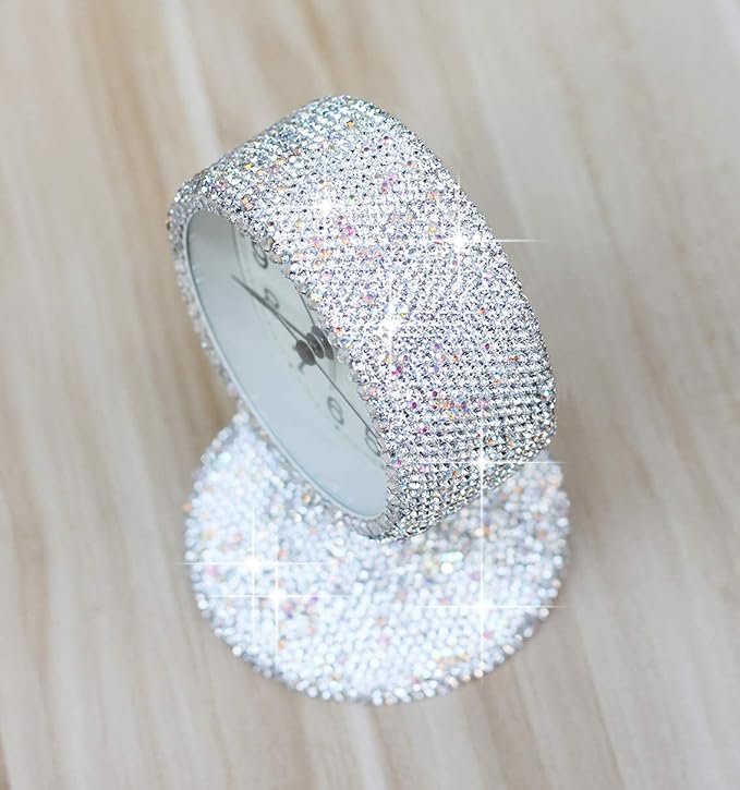 Luxury Rhinestone Small Alarm Desk Table Clock Morning Call Handmade Fashion Design for Bedroom Houseroom Living Room Cute As Gift AR (Silver)