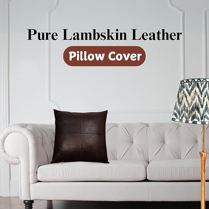 Lambskin Leather Pillow Cover - Sofa Cushion Case - Decorative Throw Covers for Living Room & Bedroom, 18x18 Inches - Dark Brown Crunch Plain Pack of 1