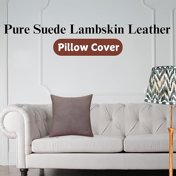 Genuine Suede Leather Pillow Cover, 18x18 Inch Case for Lumbar Throw Couch Pillows, Thick & Soft Cushion Covers for Sofa Bed Home Decor (Suede Grey Plain Pack of 2)