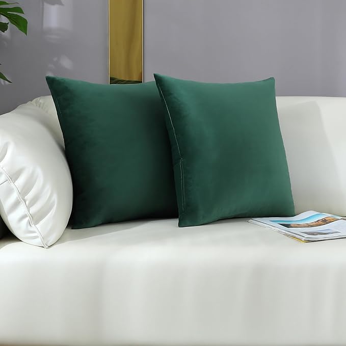 mixeoo Comfy Hunter Green Throw Pillow Covers Decorative Square Solid Thick Velvet Super Soft Cushion Cases Home Decor for Sofa Couch, Set of 2, 18 x 18 Inch