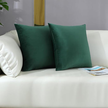 mixeoo Comfy Hunter Green Throw Pillow Covers Christmas Decorative Square Solid Velvet Super Soft Cushion Cases Home Decor for Sofa Couch Living Room, Set of 2, 16 x 16 Inch