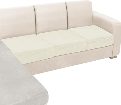NAISI Couch Cushion Covers 3 Pieces Velvet Stretch Sofa Seat Covers or Backrest Covers Soft Individual Couch Covers for Sectional Sofa(3 Pcs for 3-Seat Cushion,Cream)