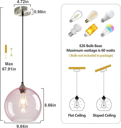 Pink Glass Pendant Lights Kitchen Island Globe Pendant Light Fixtures Modern Pendant Lighting for Bedroom Living Dining Room Light Fixture (9.84 in, 3 Pack)