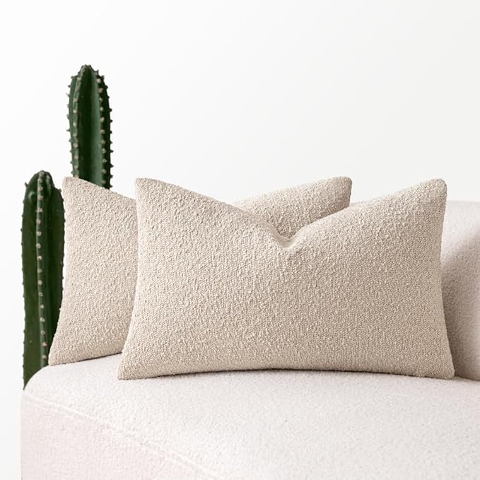 MIULEE 12x20 Inch Decorative Lumbar Throw Pillows for Bed Set of 2 Textured Boucle Neutral Winter Throw Pillow Covers Oatmeal Accent Solid Pillowcases Sofa Livingroom Home Decor