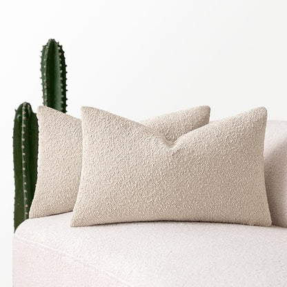MIULEE 12x20 Inch Decorative Lumbar Throw Pillows for Bed Set of 2 Textured Boucle Neutral Winter Throw Pillow Covers Oatmeal Accent Solid Pillowcases Sofa Livingroom Home Decor