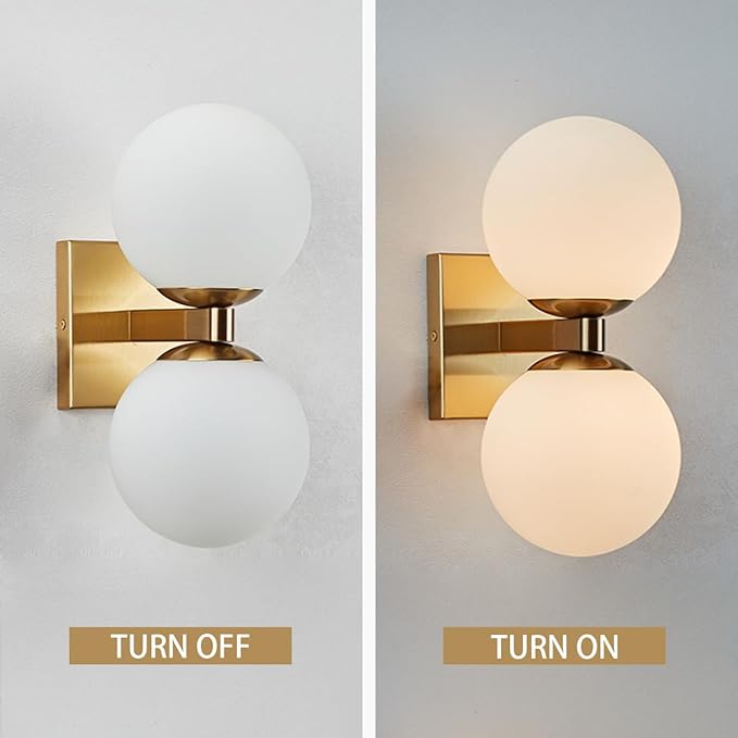 Modern Brass Double Spherical Glass Shade Wall Sconce, Elegant Brass Wall Mounted Lamp, Vanity Light Above Mirror, Sconce for Bathroom, Living Room, Hallway, Kitchen, Bedroom