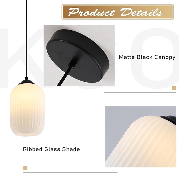 KCO Lighting Small Black Pendant Lighting Striped Glass Pendant Light Milk Glass Pendant Lights Kitchen Island Modern Farmhouse Hanging Pendant Light for Dining Room Living Room