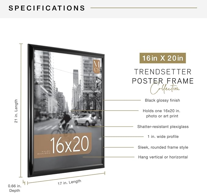 MCS Trendsetter 16x20 Poster Frame Black High-Gloss, Vertical & Horizontal Wall Hanging Large Picture Frame for Photos, Posters & Art Prints (1-Pack)