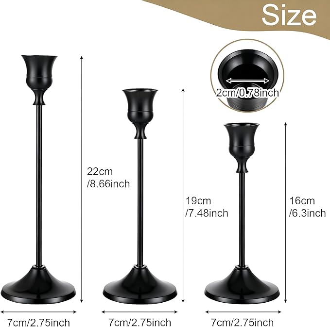 12 Pack Black Candlestick Holders, Vintage Taper Candle Holders Set in 3 Sizes for Dining Table, Fireplace, Party Decor