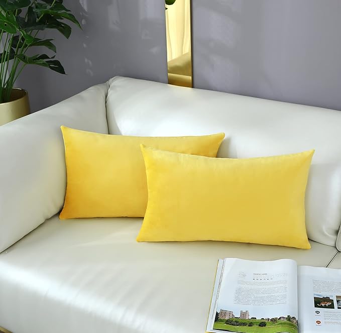 mixeoo Comfy Lemon Yellow Throw Pillow Covers Decorative Lumbar Solid Rectangle Thick Velvet Super Soft Cushion Cases Home Decor for Sofa Couch Living Room Chair, Set of 2, 12 x 20 Inch
