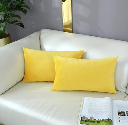 mixeoo Comfy Lemon Yellow Throw Pillow Covers Decorative Lumbar Solid Rectangle Thick Velvet Super Soft Cushion Cases Home Decor for Sofa Couch Living Room Chair, Set of 2, 12 x 20 Inch