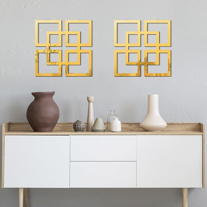 flangairy 2 Piece Gold Geometric Wall Mirrors, 11.8 Inch Wooden Frame Acrylic Mirror Decor for Bathroom Bedroom Living Room Modern Farmhouse Home Decorations