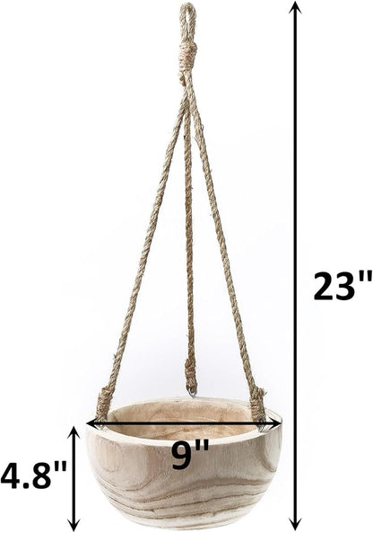 CYS EXCEL Meduim Wooden Hanging Planter Paulownia Wood Bowl Basket with Jute Rope for Indoor Plants Succulents