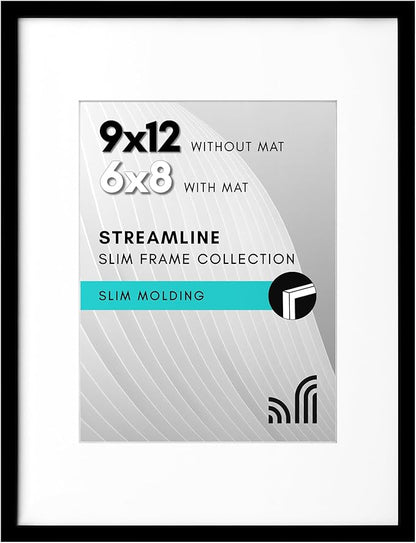 Americanflat 9x12 Picture Frame with Shatter-Resistant Glass - Use as 6x8 Frame with Mat or Display 9x12 Photo Without Mat - Streamline Collection - Picture Frames for Tabletop and Wall - Black