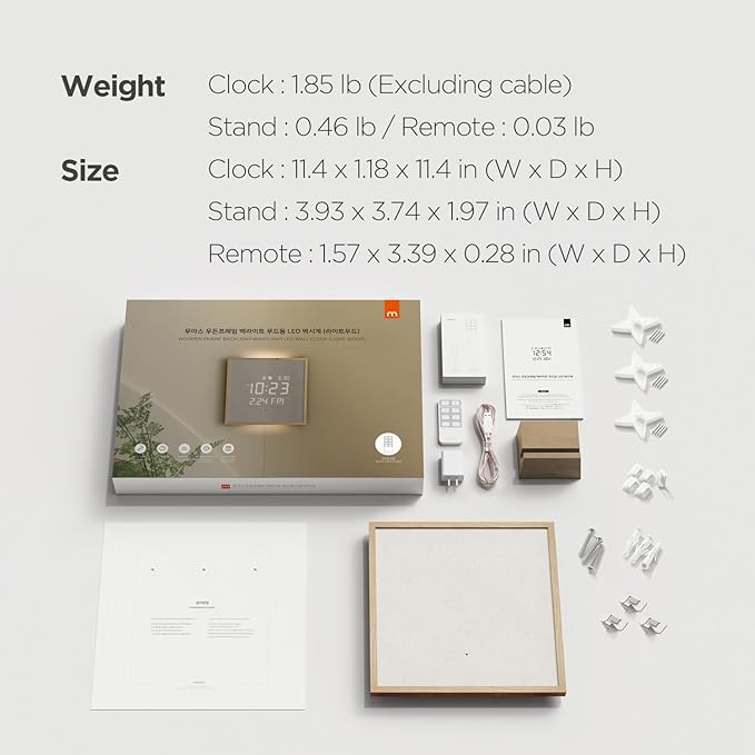 mooas Wooden Frame LED Silent Wall Clock with Remote, Backlit Nightlight, Modern Digital LED Wall Clock Display Sunrise Alarm Melody 5 Brightness for Bedroom Living Room (Wooden Frame Light Brown)