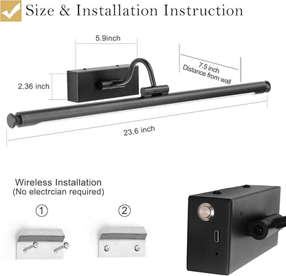 Black Wireless Picture Light, 23.6" Rechargeable LED Art Lamp with Remote, Dimmable Brightness, Timer & Adjustable Arm for Paintings, Mirrors, and Frames