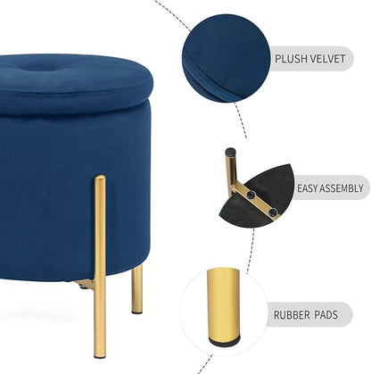 Adeco Upholstered Tufted Round Storage Ottomans, Navy Modern Velvet Footstool with Storage Space and Gold Metal Legs for Couch, Living Room, Bedroom, Entryway