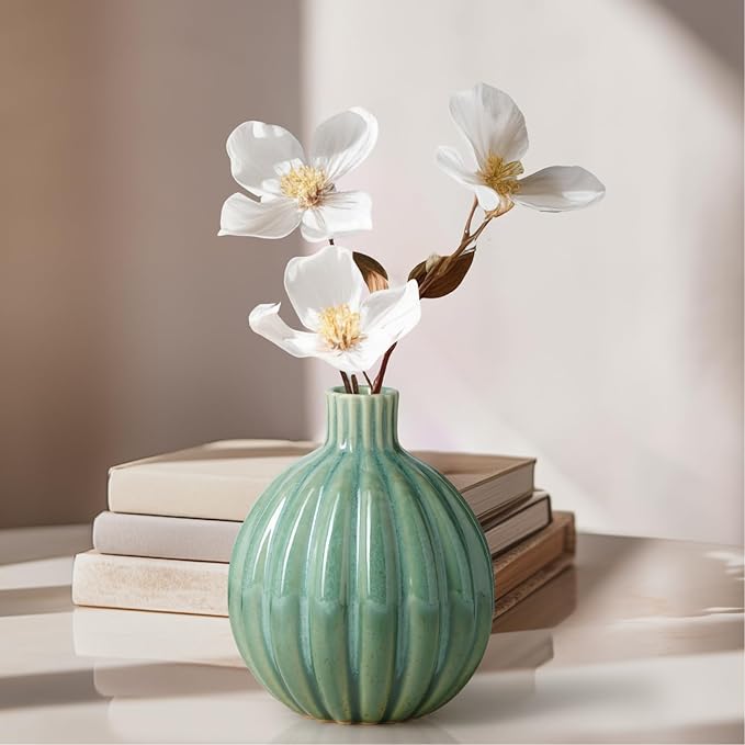 Torre & Tagus 5" Reactive Glaze Ceramic Green Bud Vase - Mint Green Two-Tone Handmade Textured Vases for Home Decor & Flowers as Small Decorative Accents for Coffee Table & Shelf (Allium 5 Inch Vase)