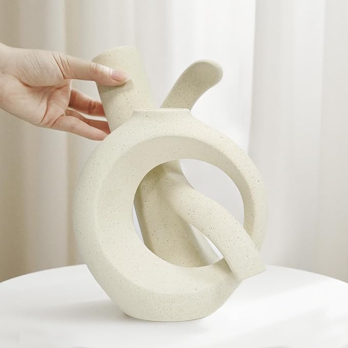 Assemble OK Ceramic Vase Set of 2 for Home Decor, Modern Boho Ins Style Matte Sculptural Flower Vase for Table Centerpiece, Living Room, Shelf, Mantle, Housewarming Gift (Beige White)