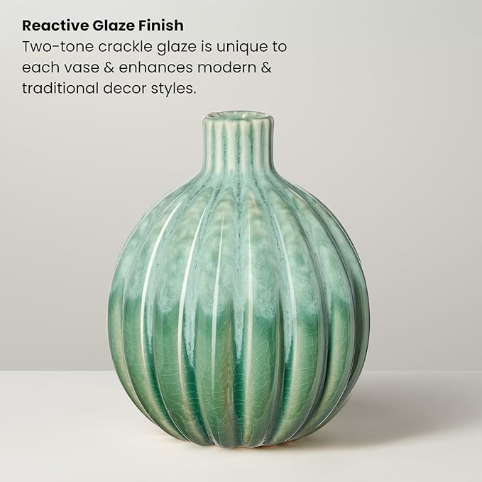 Torre & Tagus 5" Reactive Glaze Ceramic Green Bud Vase - Mint Green Two-Tone Handmade Textured Vases for Home Decor & Flowers as Small Decorative Accents for Coffee Table & Shelf (Allium 5 Inch Vase)