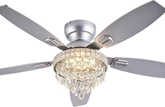 Crystal Ceiling Fan Fandelier with Lights-Ceiling Fans with Lights,50" Low Profile and Remote Control, Flush Mount, Reversible, Dimmable, Noiseless, Sliver Ceiling Fan for Bedroom