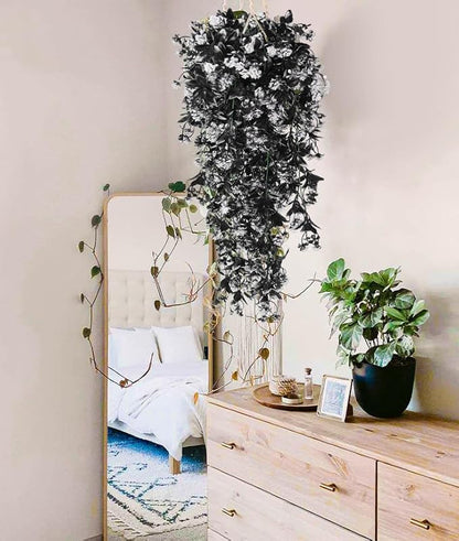 RECUTMS Realistic Artificial Black Hanging Plants Pack of 2 Faux Black Hanging Plant Outdoor Indoor with Lights LED Fairy String Rose Fake Hanging Flwers Decor for Office House (Black and White)