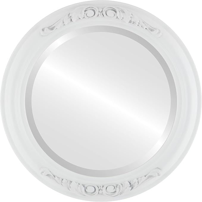 OVALCREST Round Beveled Wall Mirror for Home Decor - Florence Style - Linen White - 34x34 Outside Dimensions