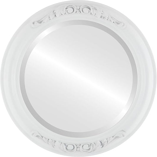 OVALCREST Round Beveled Wall Mirror for Home Decor - Florence Style - Linen White - 34x34 Outside Dimensions