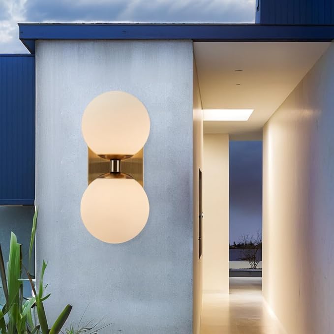Modern Brass Double Spherical Glass Shade Wall Sconce, Elegant Brass Wall Mounted Lamp, Vanity Light Above Mirror, Sconce for Bathroom, Living Room, Hallway, Kitchen, Bedroom