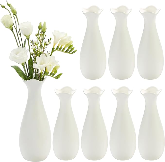 Qinyoung White Ceramic Bud Vase Set of 8, 8'' Small White Flower Vase for Centerpieces Floral Decor for Wedding Party Dining Table Home Decoration(Stylish)