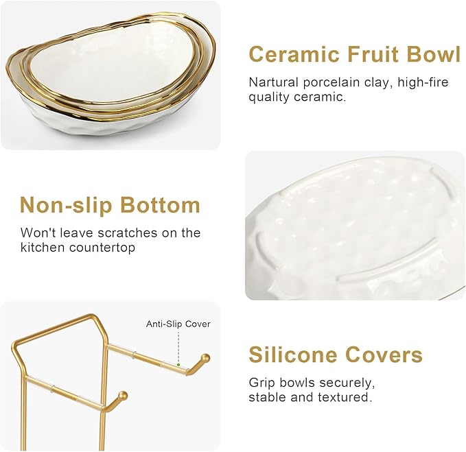 Ceramic Fruit Bowl for Kitchen Counter - 3 Tier Fruit Basket with Metal Stand, Tiered Fruit Stand for Countertop, Snack, Nuts, Cake, Dessert, Small & Cute (Gold&White)