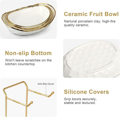 Ceramic Fruit Bowl for Kitchen Counter - 3 Tier Fruit Basket with Metal Stand, Tiered Fruit Stand for Countertop, Snack, Nuts, Cake, Dessert, Small & Cute (Gold&White)