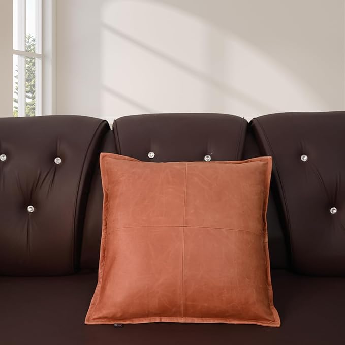 D DOLLY LAMB Lambskin Leather Pillow Cover - Sofa Cushion Case - Decorative Throw Covers for Living Room & Bedroom, 14x14 Inches - Orange Crunch Box Pack of 2
