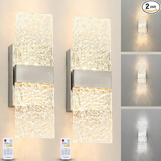Modern Brushed Nickel Battery Operated Wall Sconces Set of 2, Rechargeable LED Wall Lights with Acrylic Shade, Wireless Bedroom/Living Room Art Light Fixtures
