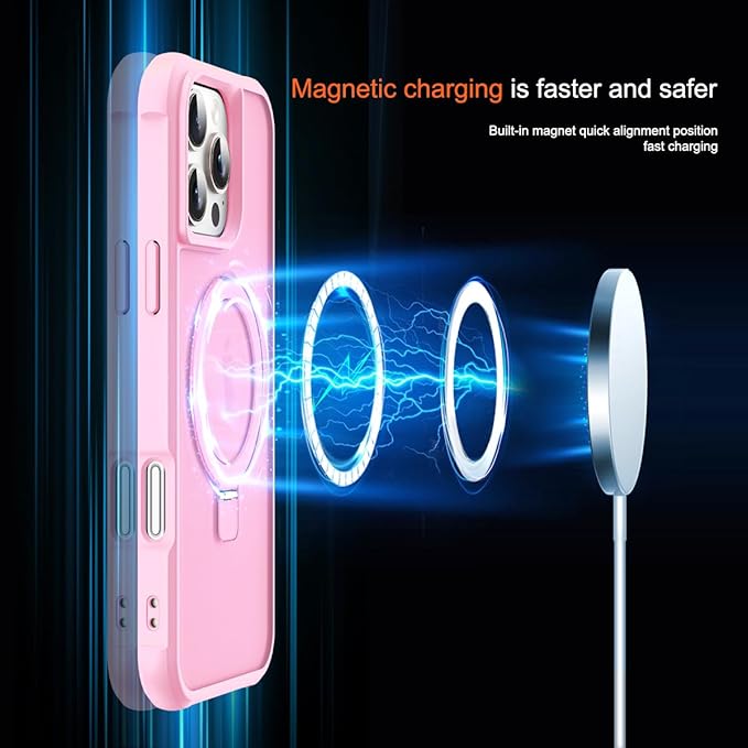 Compatible with iPhone 16 Pro Case with Invisible Magnetic O-Ring Stand Military-Grade Translucent Case for iPhone 16 Pro 6.3" [Compatible with Mag-Safe][Great Grip Feeling], Pink
