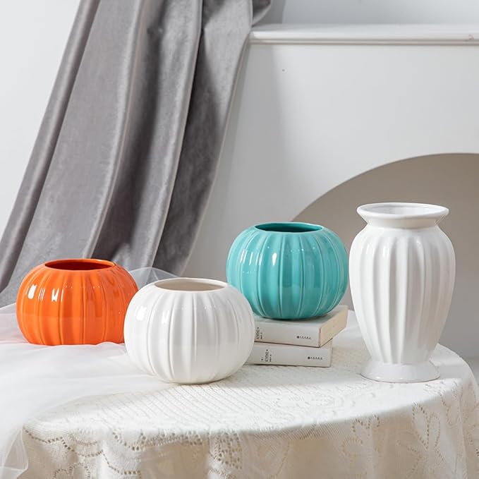 Anding Ceramic Decorative Vase White Flowers Pampas Grass Vase Boho Modern Home Decor Clay Flowerpot (A526 White)