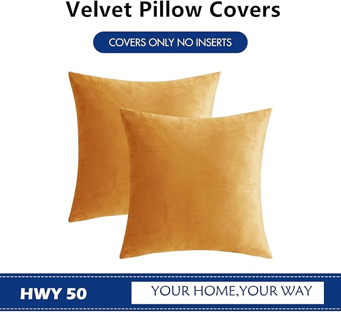 HWY 50 Orange Velvet Throw Pillow Covers 20x20 Inch, Pack of 2 Soft Cozy Solid Decorative Fall Luxury Cushion Cases for Couch Sofa Bed Living Room Bedroom
