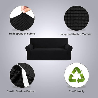 H.VERSAILTEX Stretch Couch Covers for Sofa 1 Piece Slipcovers for Couches and Sofas 3 Seater Couch Cover Feature Thick Checked Jacquard Fabric with Elastic Bottom(Large Sofa 90"-100" Wide, Black)