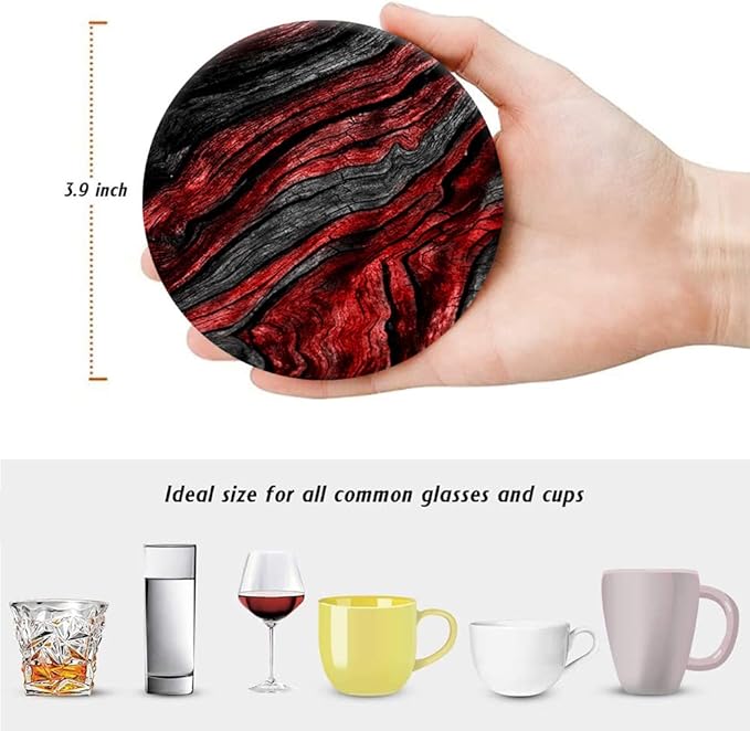 HUXJOKO Coasters for Drinks Set of 6,Red Black Wood Grain Absorbent Ceramic Coaster,Round Stone Mat,with Cork Base and Metal Holder for Coffee Table Room Bar Home Decor Housewarming Gifts