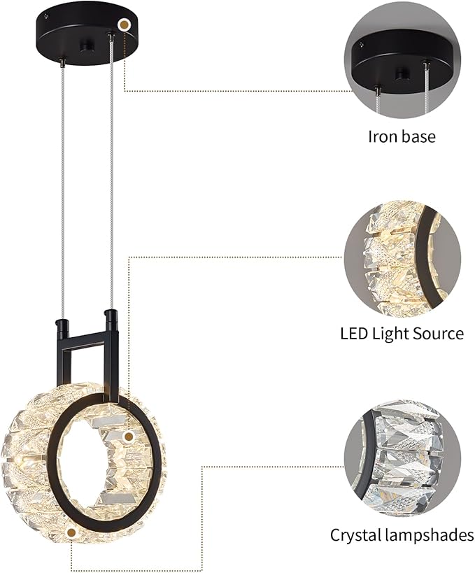 Kitchen Island Mini Light Fixture Modern Led Crystal Pendant Light Black Round Chandelier for Dining Room Living Room Kitchen Bedroom Bar（1-Pack）