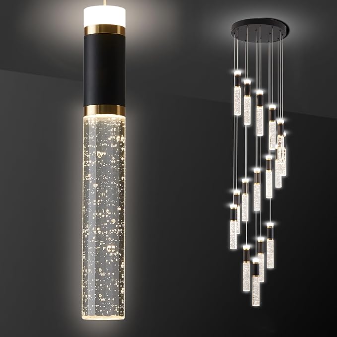 High Ceiling Long Chandelier for Staircase Crystal Drop Light for Living Room Foyer Hallway 3000K-6500K