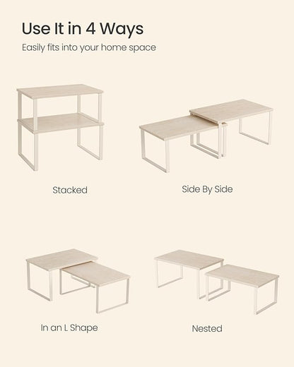 SONGMICS Cabinet Organizer Shelf, Set of 2 Kitchen Counter Shelves, Kitchen Storage, Spice Rack, Stackable, Expandable, Metal and Engineered Wood, Travertine Beige and Cream White UKCS020L01