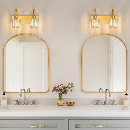 Modern Bathroom Vanity Light, 2-Light Gold Wall Sconce with Crystal Accents, Over Mirror Bathroom Lighting Fixture, 13.77" Long Dimmable Vanity Lamp for Makeup, Easy Installation