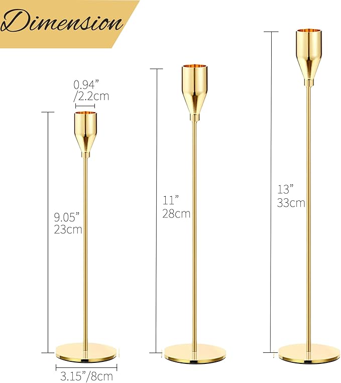 Delicate Light Gold Candlestick Holders of 3 PCS Taper Candle Stick Holders for 3/4" Taper&Led Candle, Elegant Candle Holder for Table Centerpiece/Wedding/Party/Dinning/Anniversary/Decor