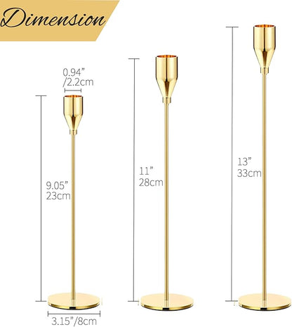 Delicate Light Gold Candlestick Holders of 3 PCS Taper Candle Stick Holders for 3/4" Taper&Led Candle, Elegant Candle Holder for Table Centerpiece/Wedding/Party/Dinning/Anniversary/Decor