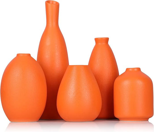 Orange Ceramic Small Vase Set of 5 - Modern Orange Decor Small Bud Vases for Floral Arrangements, Centerpieces for Weddings, Dinner Parties, Table Settings, Foyer, Bathroom Decorations