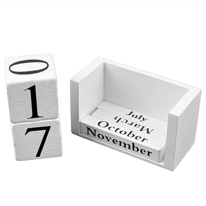 Framendino, White Vintage Wood Rustic Block Chic Perpetual Desktop Wooden Cubes Calendars for Home Office Desk Decoration