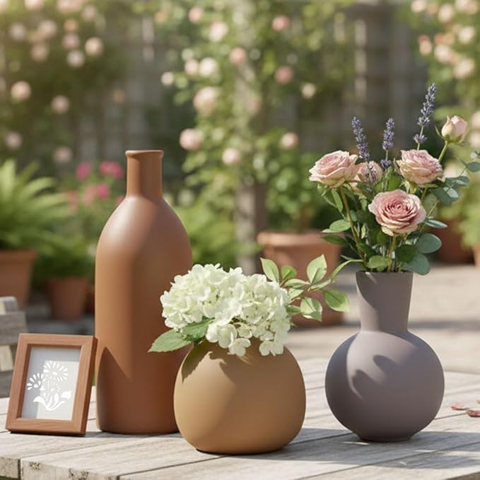 Ceramic Vase Set of 3 - Small Modern Minimalist Ceramic Bud Vases for Home Decor - Boho Aesthetic Flower Vases for Desk, Shelf & Table, Mantle, Bookshelf (Cute & Versatile) (Brown Mix)